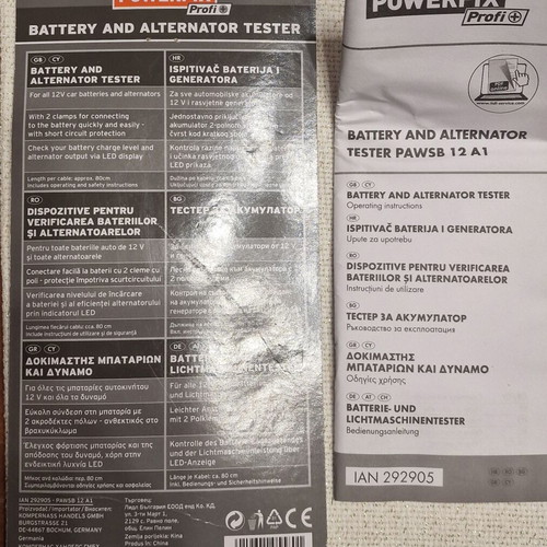 Powerfix 12V battery and alternator tester like new