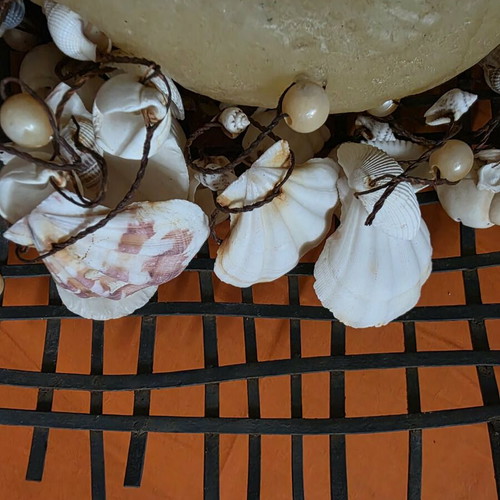 Decorative metal tray like new with shells and candle 38.5x37 cm