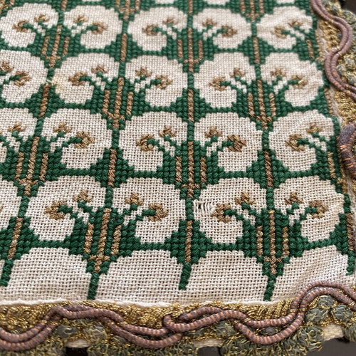 Pair of vintage handmade embroidered table runners with geometric pattern