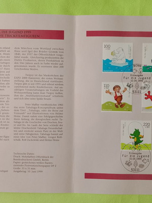 German stamps 1999 with Bonn first day cover cancellation, 5 mint blocks