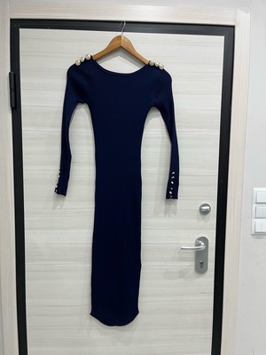 Women's knitted long dress like new, navy blue with gold buttons