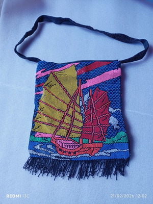 Vintage handmade shoulder bag with beads used, Jonka design