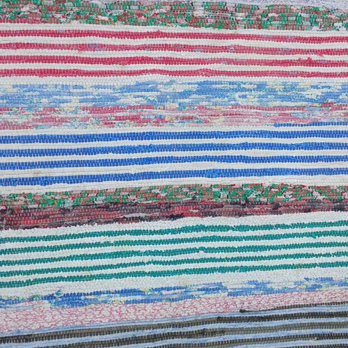 Handmade woven rag rug used, colorful stripes, 2.50m x 0.67m