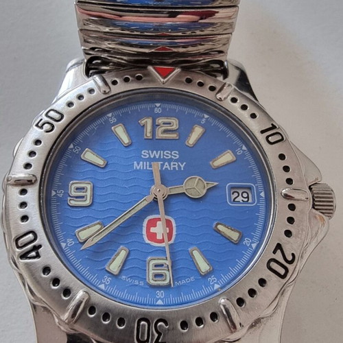 Swiss Military men's watch used, blue dial, silver bracelet