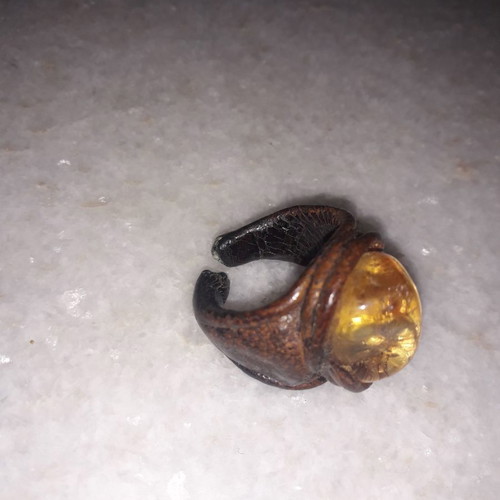 Vintage ring used, handmade leather with semi-precious stone