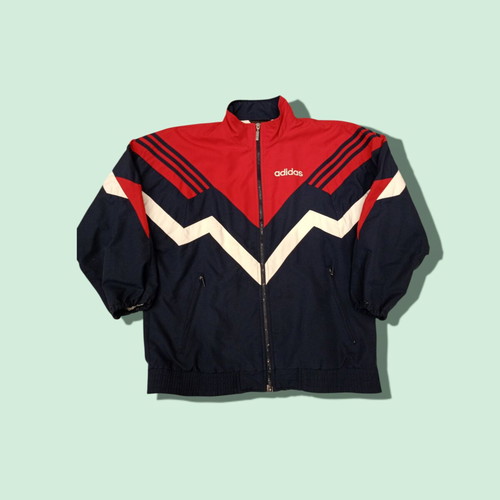 Adidas vintage 90s track jacket used, red and navy with zigzag design, size S