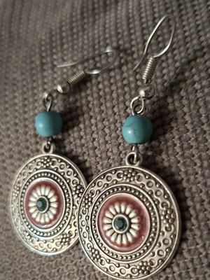 Boho silver circular dangle earrings with turquoise beads