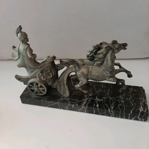Italian decorative piece used, marble base, chariot scene with Roman soldier