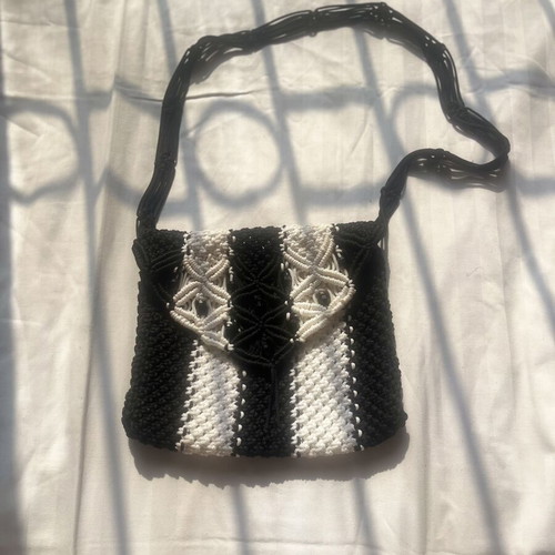 Handmade Macrame Shoulder Bag new, black and white with beads