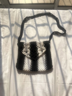 Handmade Macrame Shoulder Bag new, black and white with beads