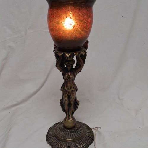Art Nouveau table lamp with winged female figure and artistic glass shade