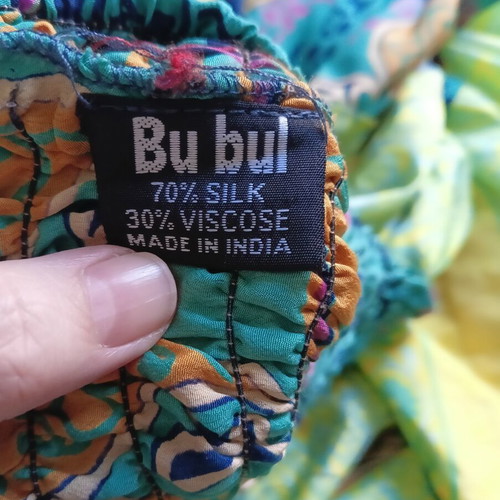 Boho silk skirt with ruffles, like new, multicolor green