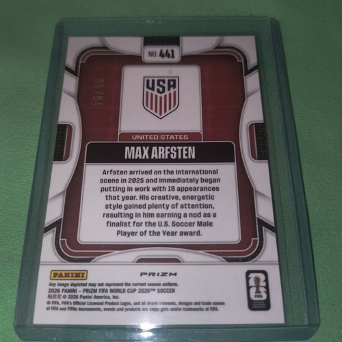 2026 Panini Prizm FIFA World Cup Max Arfsten Old Glory Parallel card new