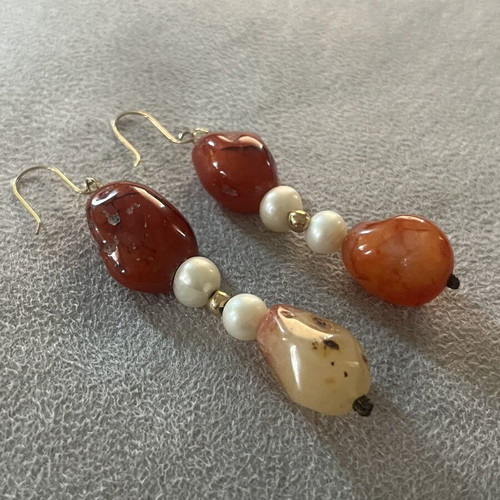Handmade Long Earrings with Natural Carnelian and Freshwater Pearls like new
