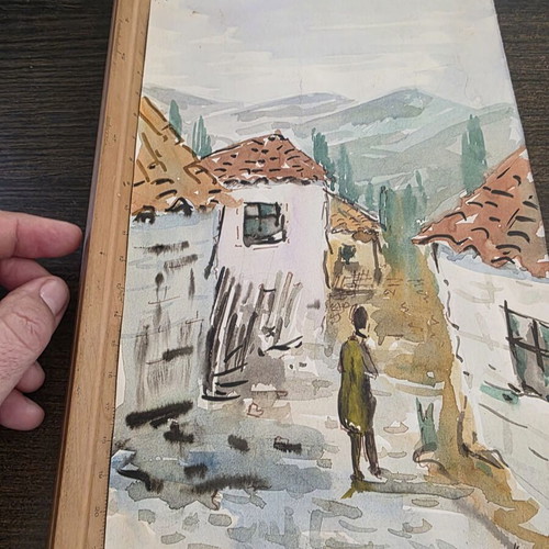 Kostas Banasis watercolor Greek village like new