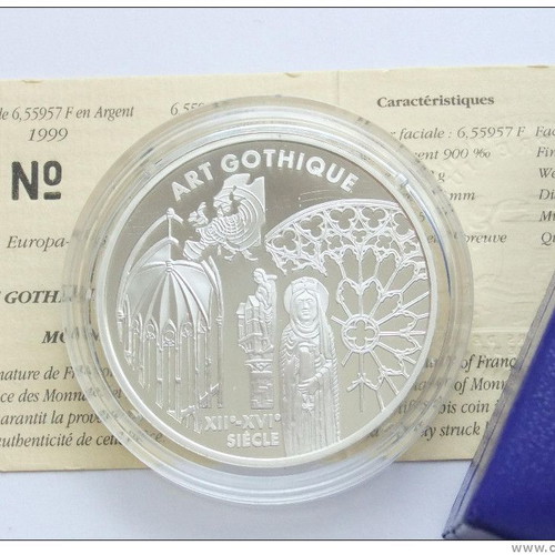 France 6.55957 Francs 2000 silver coin new, Art Gothique with box and COA