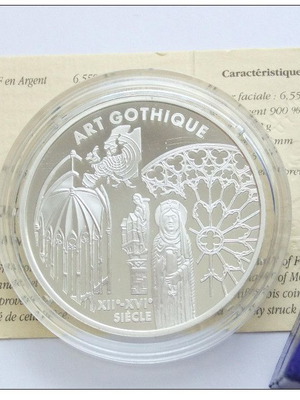 France 6.55957 Francs 2000 silver coin new, Art Gothique with box and COA