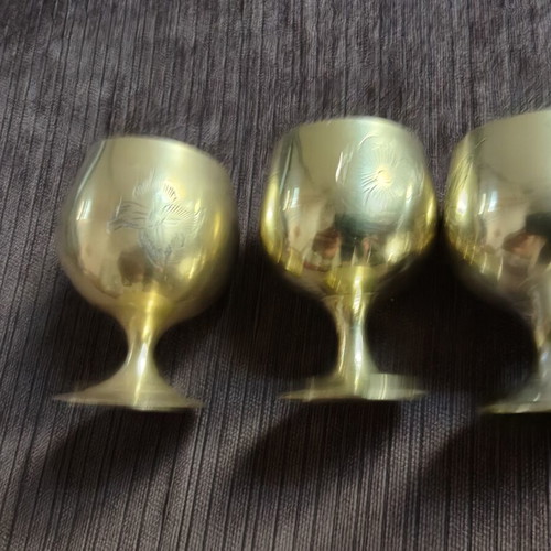 Vintage brass liqueur glasses set of 6 with engraved designs, handmade