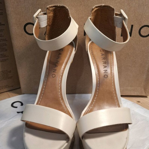 Caranno strapped heels used beige leather wedding shoes, 14 cm heel