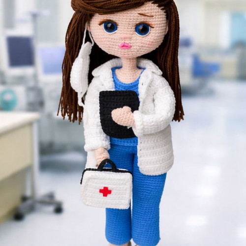 Knitted doctor doll new with medical accessories