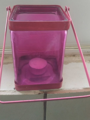 Pink candle lantern like new, glass with metal handle