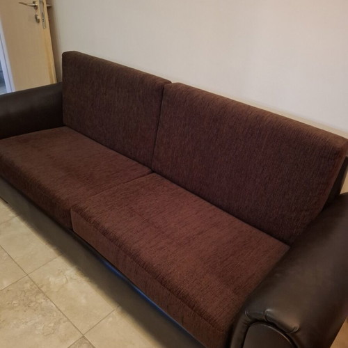 Three-seater sofa like new, genuine leather and fabric, walnut wood frame