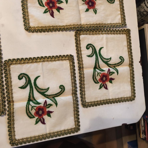 Set of 6 handmade embroidered table linens with cross-stitch