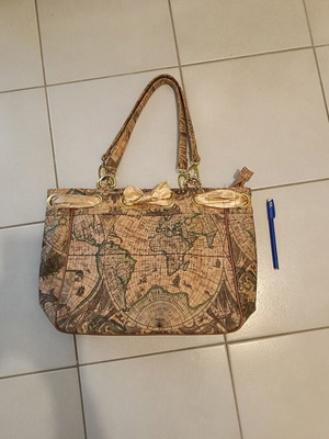Shoulder bag with world map used, beige