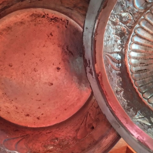 Carved antique pot with copper plating and tin lining