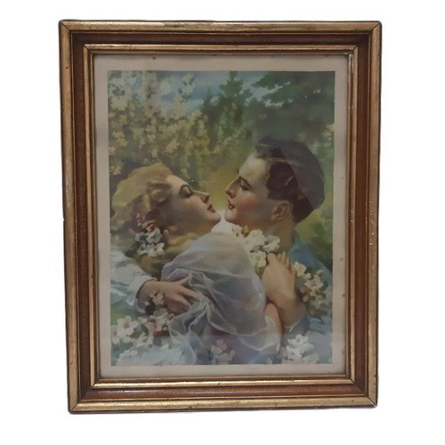 Vintage framed lithograph of a loving couple used