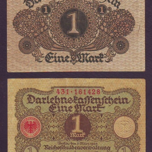 Germany 1 Mark 1920 banknote, serial 431-161428, nearly uncirculated