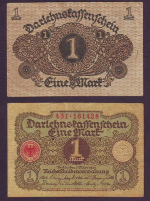 Germany 1 Mark 1920 banknote, serial 431-161428, nearly uncirculated