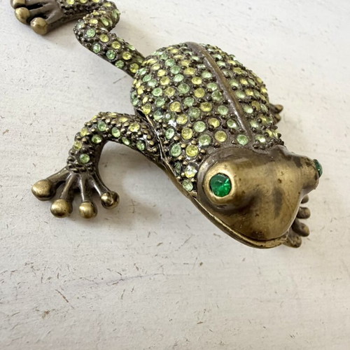 Mini vintage decorative frog jewelry box like new, metal with crystals