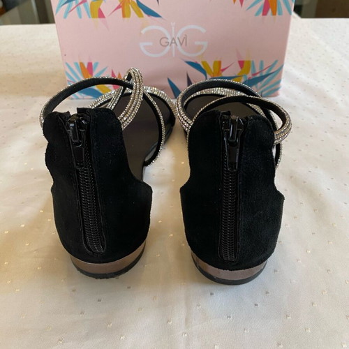 Gavi flat sandals new with black rhinestone straps