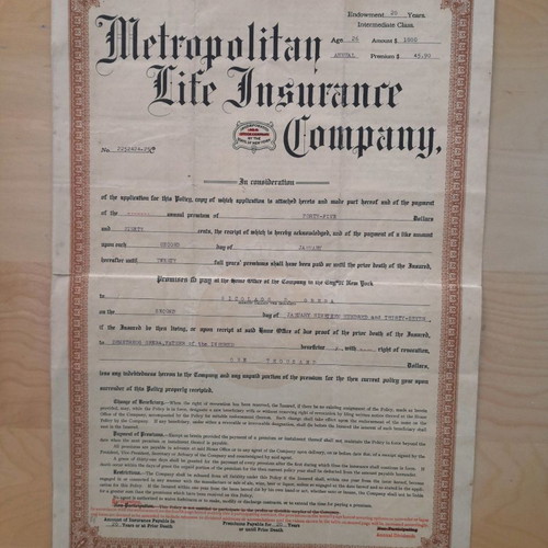 Life insurance policy used, 20 years, collectible from 1917
