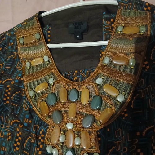 Anna Sui dress shirt, silk, ethnic oriental, brown tones