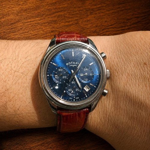 Rotary 1895 Vintage Chronograph Watch used, leather strap, blue dial
