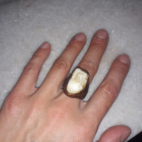 Vintage ring used, handmade leather with semi-precious stone