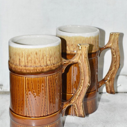 Set of 2 vintage ceramic beer mugs used with rustic wood and leaf design