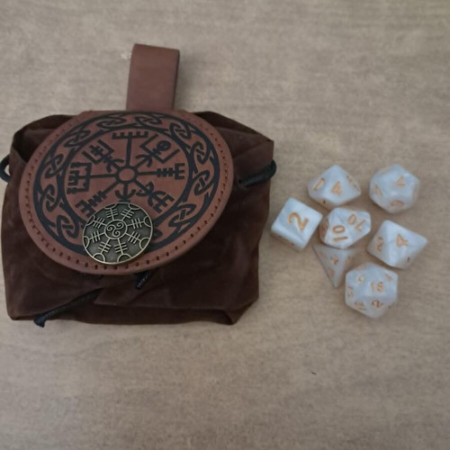 Runic leather dice bag with white marbled D&D dice set