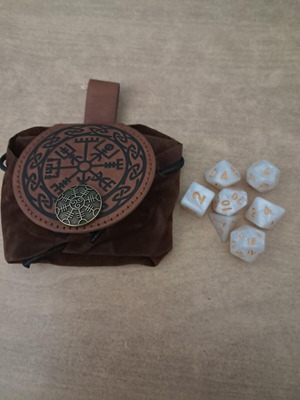 Runic leather dice bag with white marbled D&D dice set
