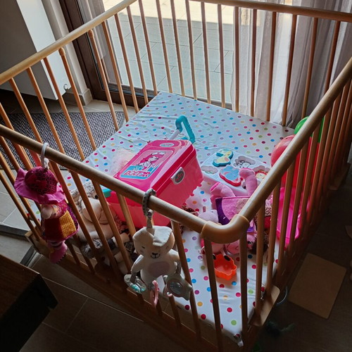 Montessori Wooden Playpen used with wheels and mattress