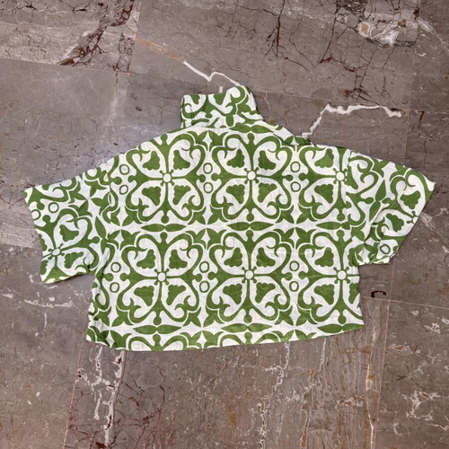 Zara women's short-sleeve crop shirt new, white and green geometric pattern, size S