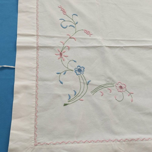 Handmade XL pillowcases pair 1m with floral embroidery and cross-stitch