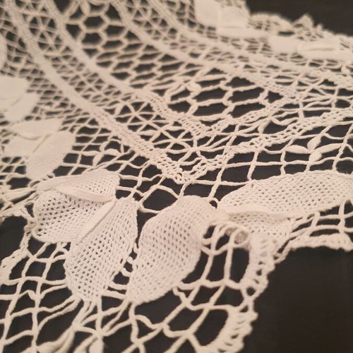 Handmade knitted table runner used, white 1 meter x 30 cm