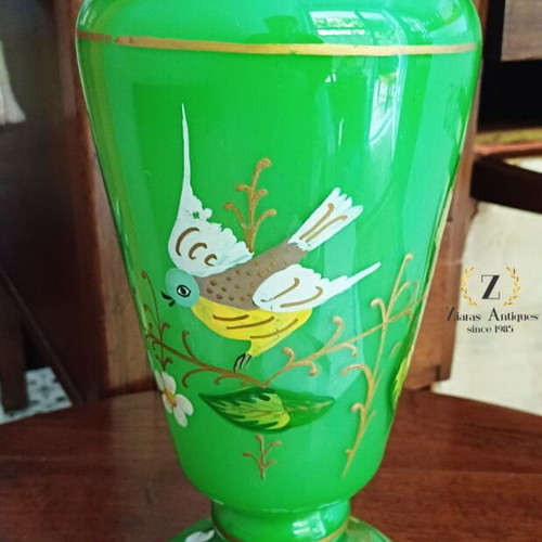 Vintage table lamp with green opaline base and floral bird motifs