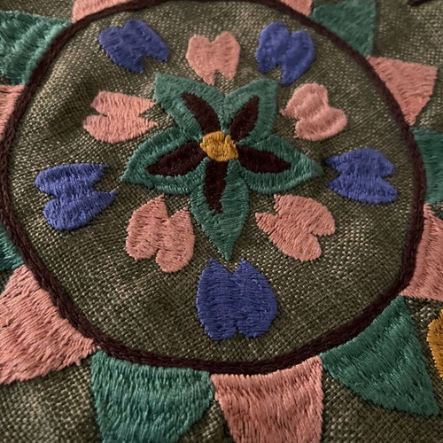 Decorative embroidered pillowcase in olive shade, new, boho ethnic design