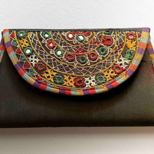 Indian Boho Vintage Handbag used, silk fabric, brown multicolor