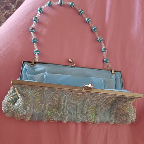 Handbag new, blue with beaded strap