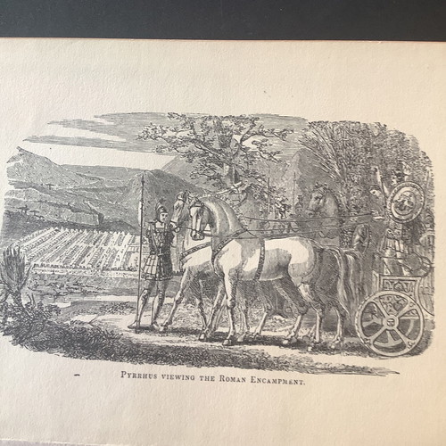 Pyrrhus King of Epirus Viewing Roman Encampment woodcut used, 1870